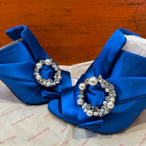NEW Enzo Angioloni Blue Satin With Pearl & Crystal Open Toe Stiletto. - Picture 4 of 8